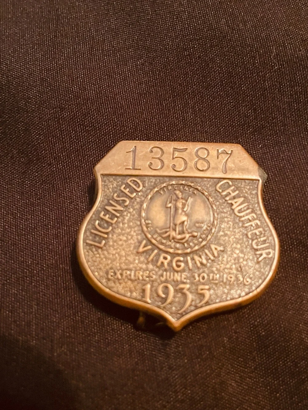 Vtg 1935, “Licensed Chauffeur “ Badge. Virginia — Solid Brass